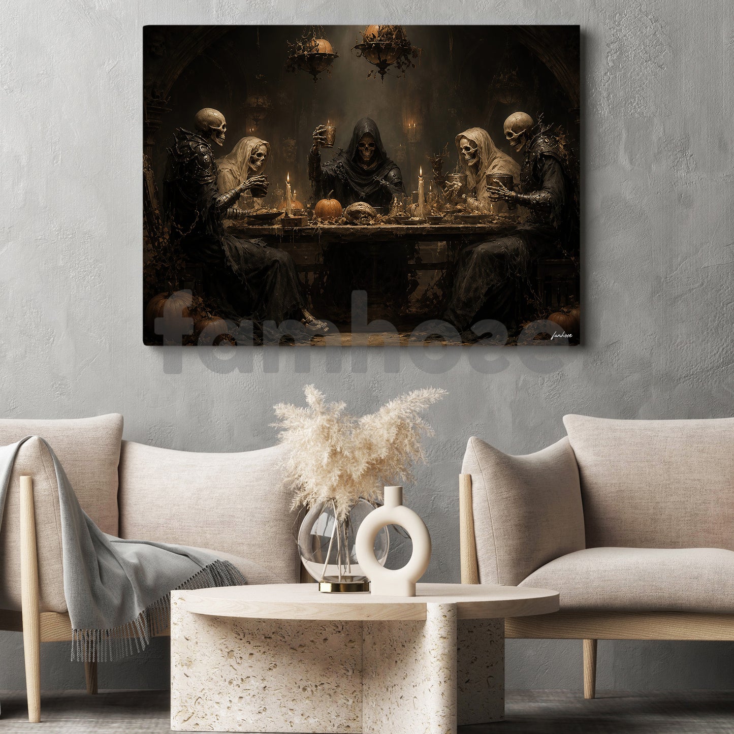 Halloween Skeleton Canvas Painting, Skeleton Feast Dinner Spooky Season Wall Art Decor, Halloween Poster Gift For Skeleton Lover