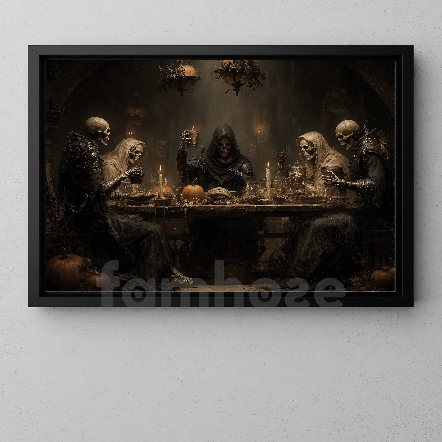 Halloween Skeleton Canvas Painting, Skeleton Feast Dinner Spooky Season Wall Art Decor, Halloween Poster Gift For Skeleton Lover