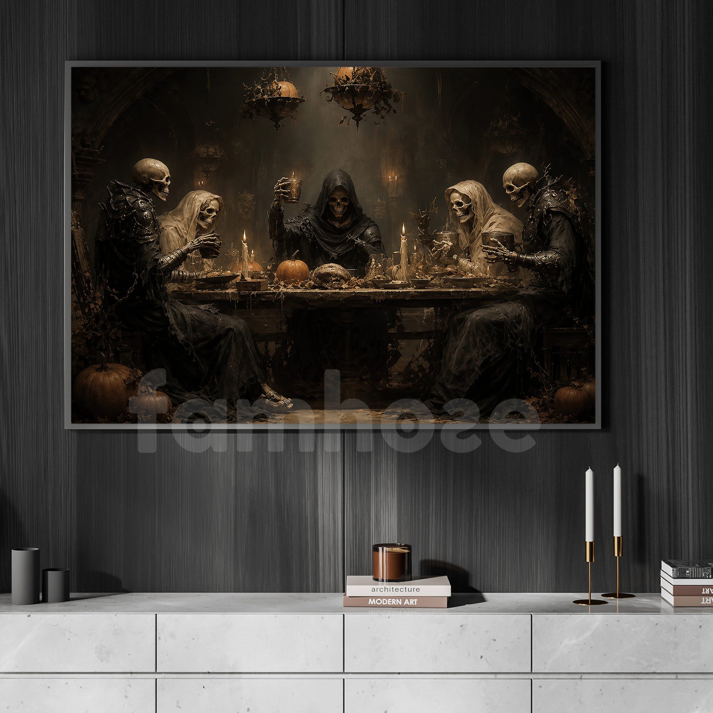 Halloween Skeleton Canvas Painting, Skeleton Feast Dinner Spooky Season Wall Art Decor, Halloween Poster Gift For Skeleton Lover