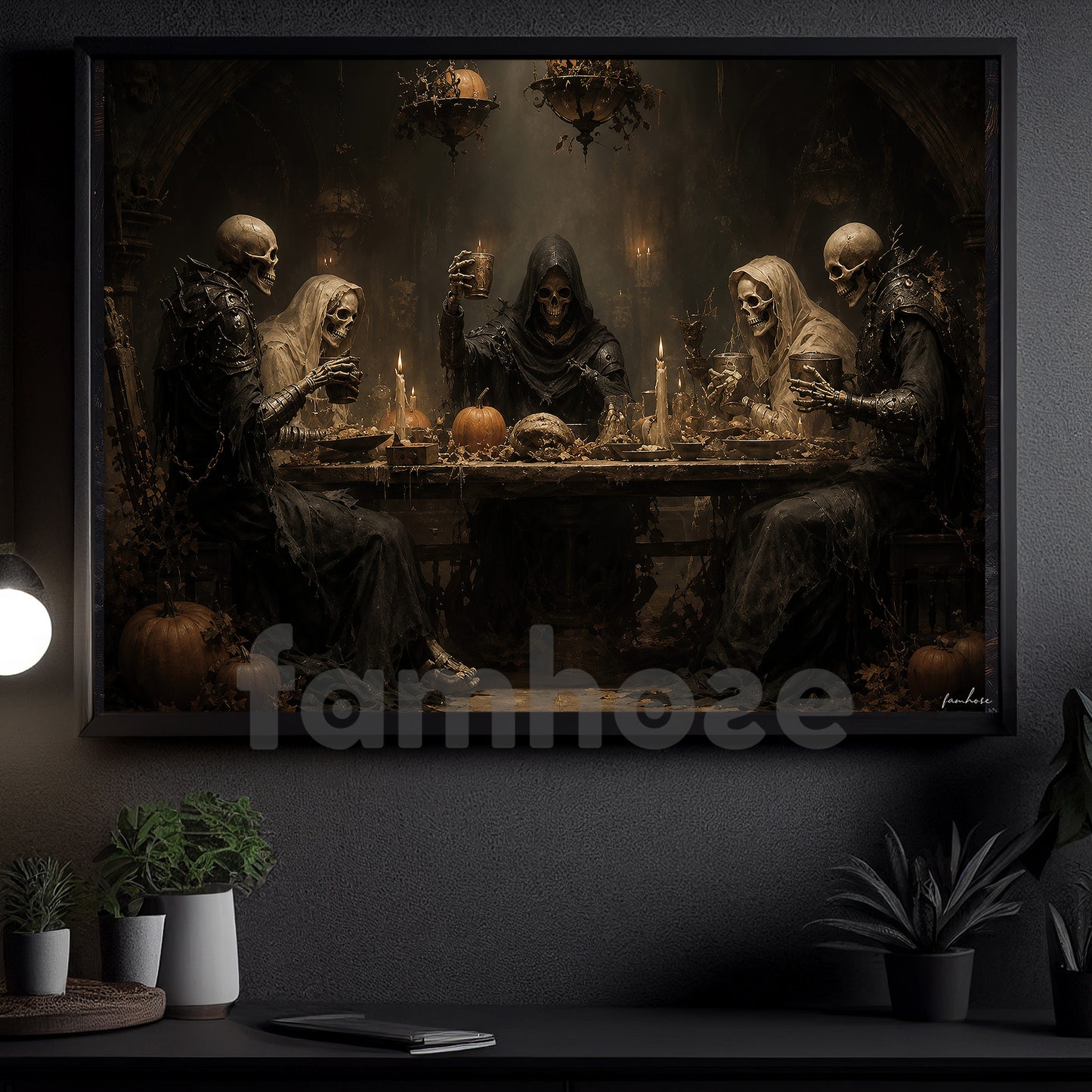 Halloween Skeleton Canvas Painting, Skeleton Feast Dinner Spooky Season Wall Art Decor, Halloween Poster Gift For Skeleton Lover