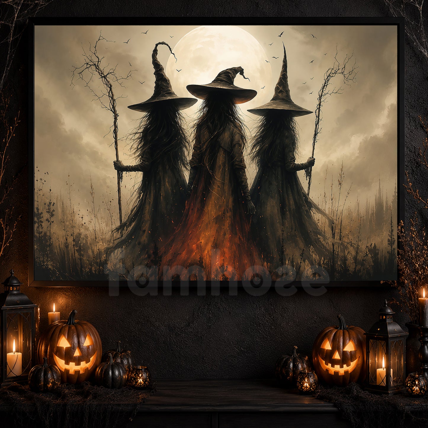 Halloween Three Witches Canvas Painting, Witch Coven Spooky Season Wall Art Decor, Halloween Poster Gift For Witch Lover