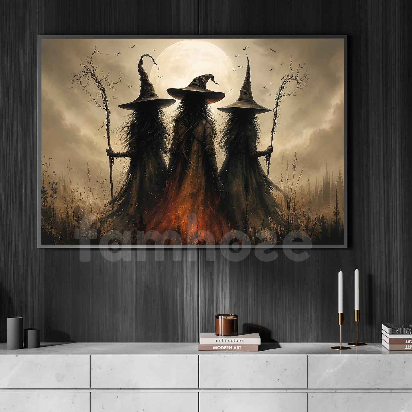 Halloween Three Witches Canvas Painting, Witch Coven Spooky Season Wall Art Decor, Halloween Poster Gift For Witch Lover