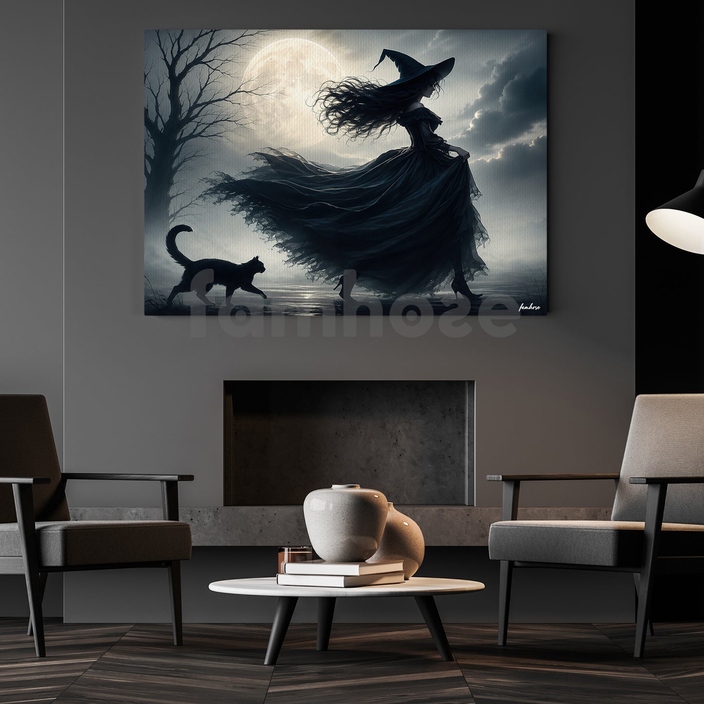 Halloween Witch And Black Cat Canvas Painting, Moonlight Witch Spooky Season Wall Art Decor, Halloween Poster Gift For Witch Lover