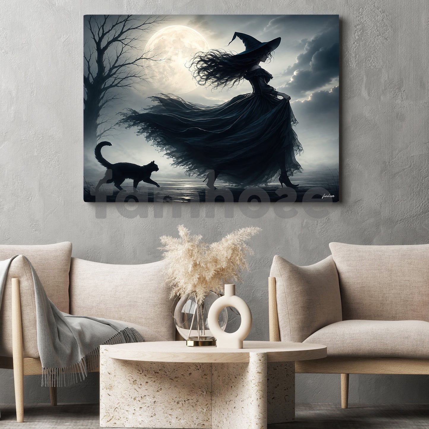 Halloween Witch And Black Cat Canvas Painting, Moonlight Witch Spooky Season Wall Art Decor, Halloween Poster Gift For Witch Lover