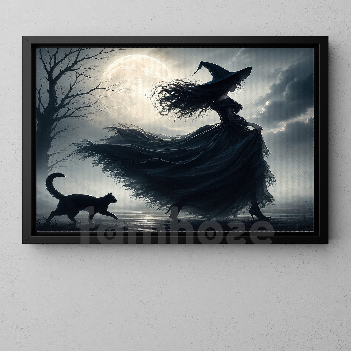 Halloween Witch And Black Cat Canvas Painting, Moonlight Witch Spooky Season Wall Art Decor, Halloween Poster Gift For Witch Lover