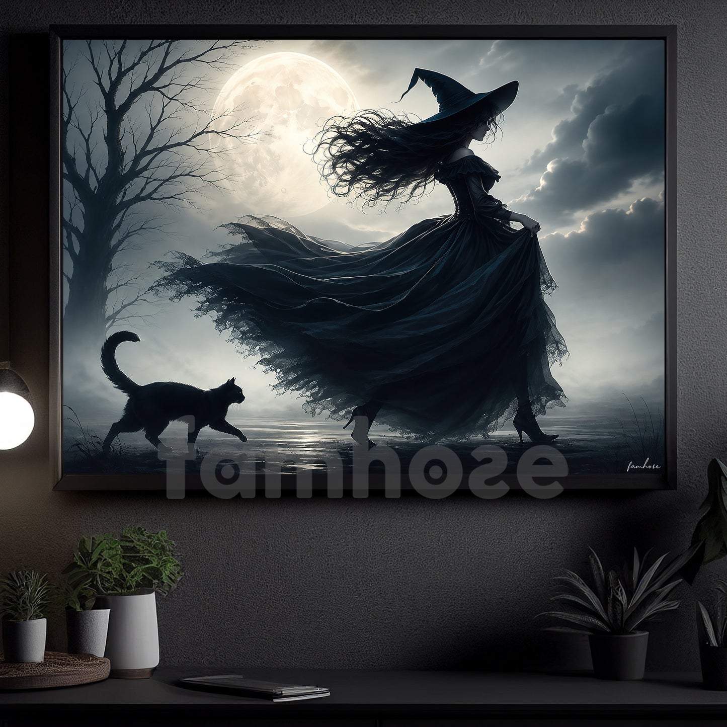 Halloween Witch And Black Cat Canvas Painting, Moonlight Witch Spooky Season Wall Art Decor, Halloween Poster Gift For Witch Lover