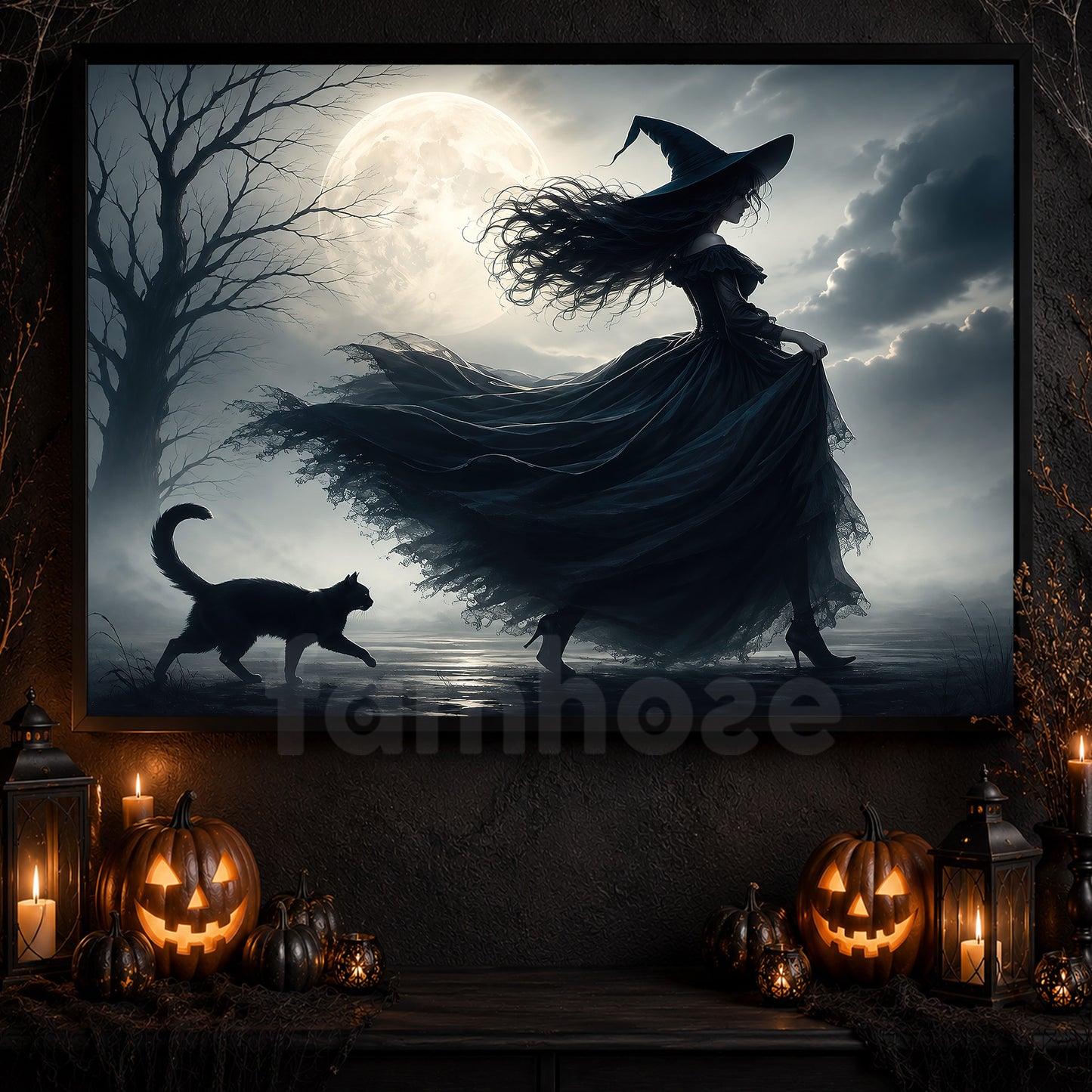 Halloween Witch And Black Cat Canvas Painting, Moonlight Witch Spooky Season Wall Art Decor, Halloween Poster Gift For Witch Lover