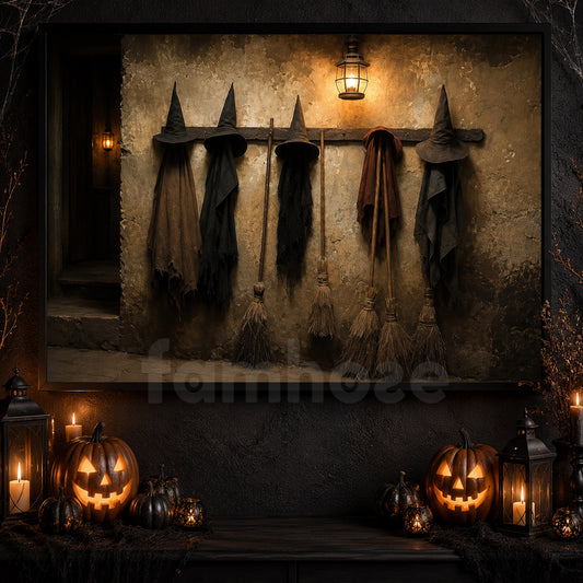 Vintage Halloween Witch Canvas Painting, Witch Hats & Brooms Spooky Season Wall Art Decor, Halloween Poster Gift For Witch Lover