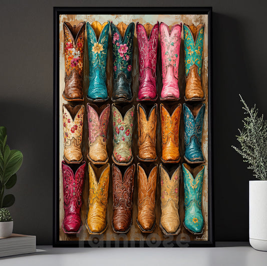 Colorful Cowgirl Boots Canvas Painting, Western Floral Boots Wall Art Decor, Poster Gift For Cowgirls