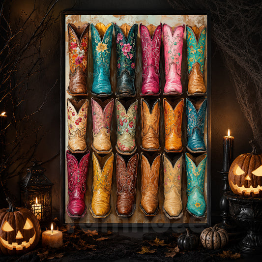 Colorful Cowgirl Boots Canvas Painting, Western Floral Boots Wall Art Decor, Poster Gift For Cowgirls