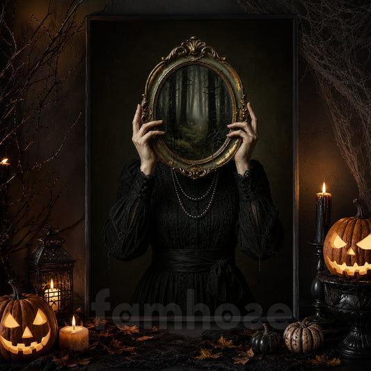 Vintage Halloween Gothic Mirror Woman Canvas Painting, The Forest In The Mirror Wall Art Decor, Spooky Season Poster Gift