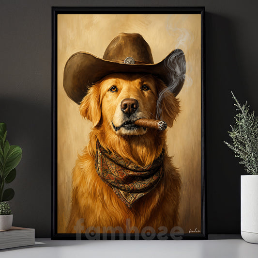 Golden Retriever Cowboy Canvas Painting, Sheriff Good Boy Wall Art Decor, Poster Gift For Cowboys, Dog Lover