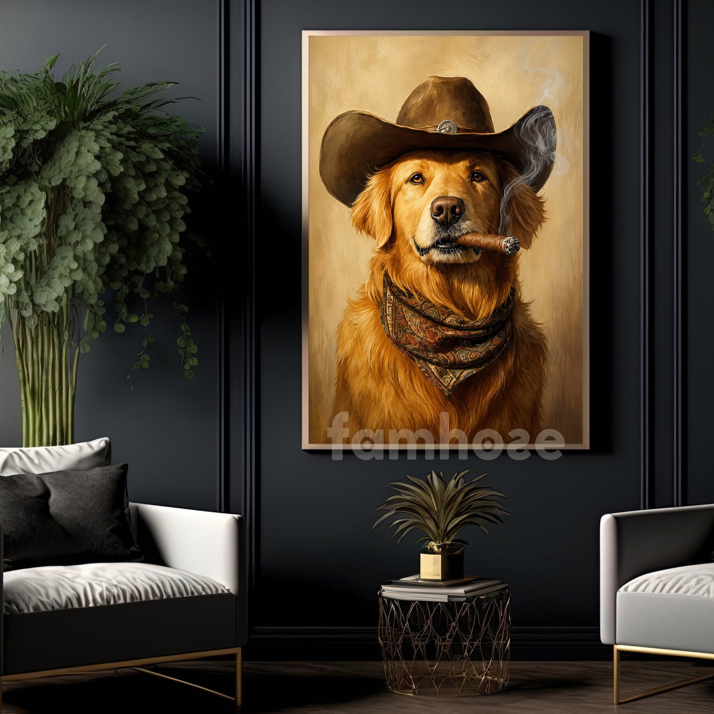 Golden Retriever Cowboy Canvas Painting, Sheriff Good Boy Wall Art Decor, Poster Gift For Cowboys, Dog Lover