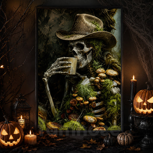 Vintage Halloween Western Skull Canvas Painting, Cowboy Skeleton Drinking Coffee Wall Art Decor, Spooky Season Poster Gift For Skeleton Lover