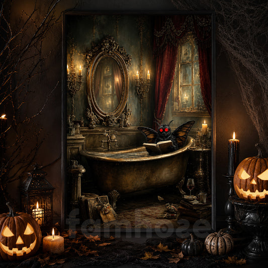 Halloween Mothman Canvas Painting, Moth Reading In Bathtub Wall Art Decor, Spooky Season Poster Gift For Mothman Lover