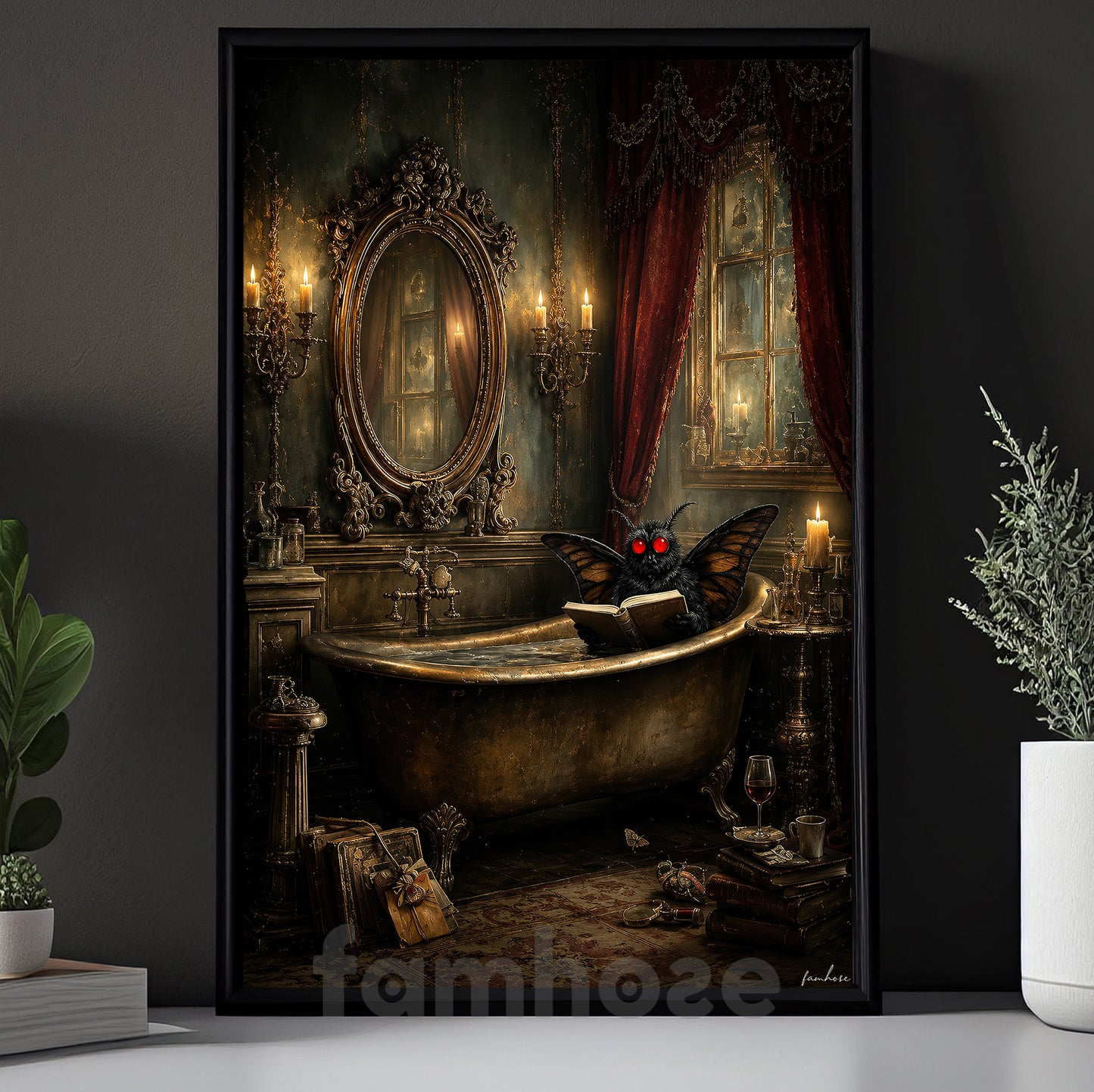 Halloween Mothman Canvas Painting, Moth Reading In Bathtub Wall Art Decor, Spooky Season Poster Gift For Mothman Lover