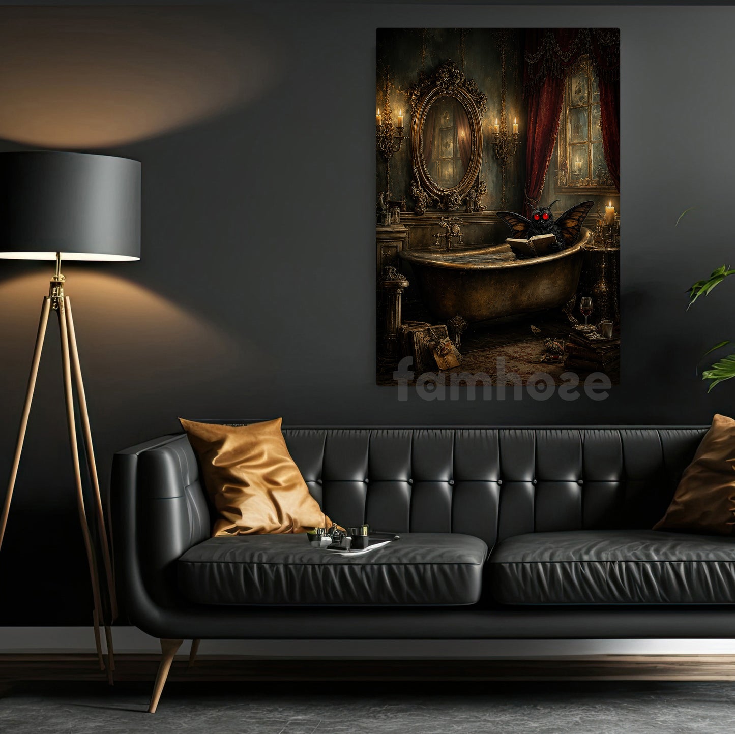 Halloween Mothman Canvas Painting, Moth Reading In Bathtub Wall Art Decor, Spooky Season Poster Gift For Mothman Lover