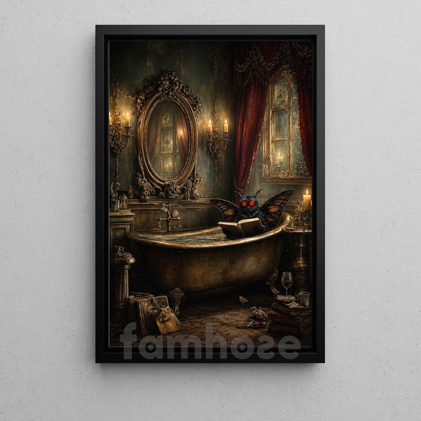 Halloween Mothman Canvas Painting, Moth Reading In Bathtub Wall Art Decor, Spooky Season Poster Gift For Mothman Lover