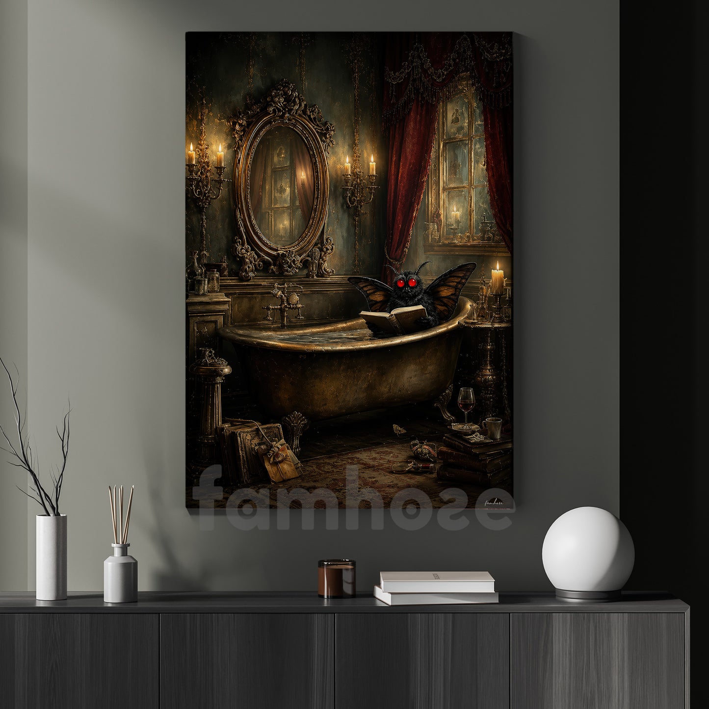 Halloween Mothman Canvas Painting, Moth Reading In Bathtub Wall Art Decor, Spooky Season Poster Gift For Mothman Lover