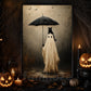 Vintage Halloween Ghost & Black Cat Canvas Painting, In The Rain Wall Art Decor, Spooky Season Poster Gift For Cat & Ghost Lover