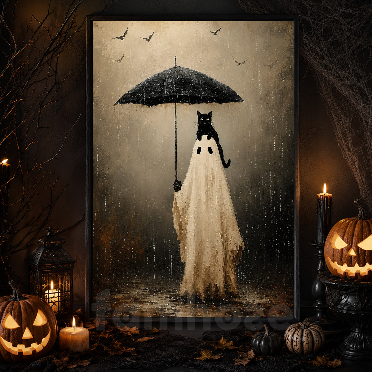 Vintage Halloween Ghost & Black Cat Canvas Painting, In The Rain Wall Art Decor, Spooky Season Poster Gift For Cat & Ghost Lover