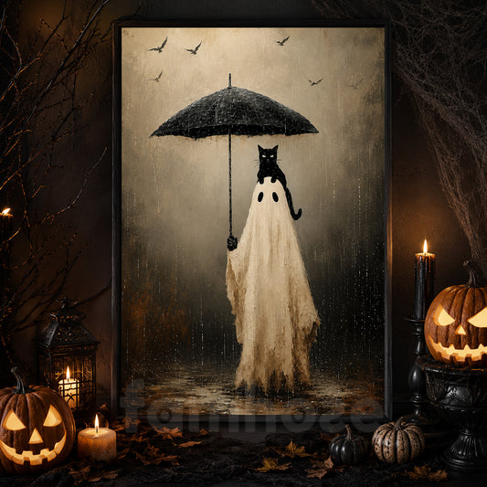 Vintage Halloween Ghost & Black Cat Canvas Painting, In The Rain Wall Art Decor, Spooky Season Poster Gift For Cat & Ghost Lover