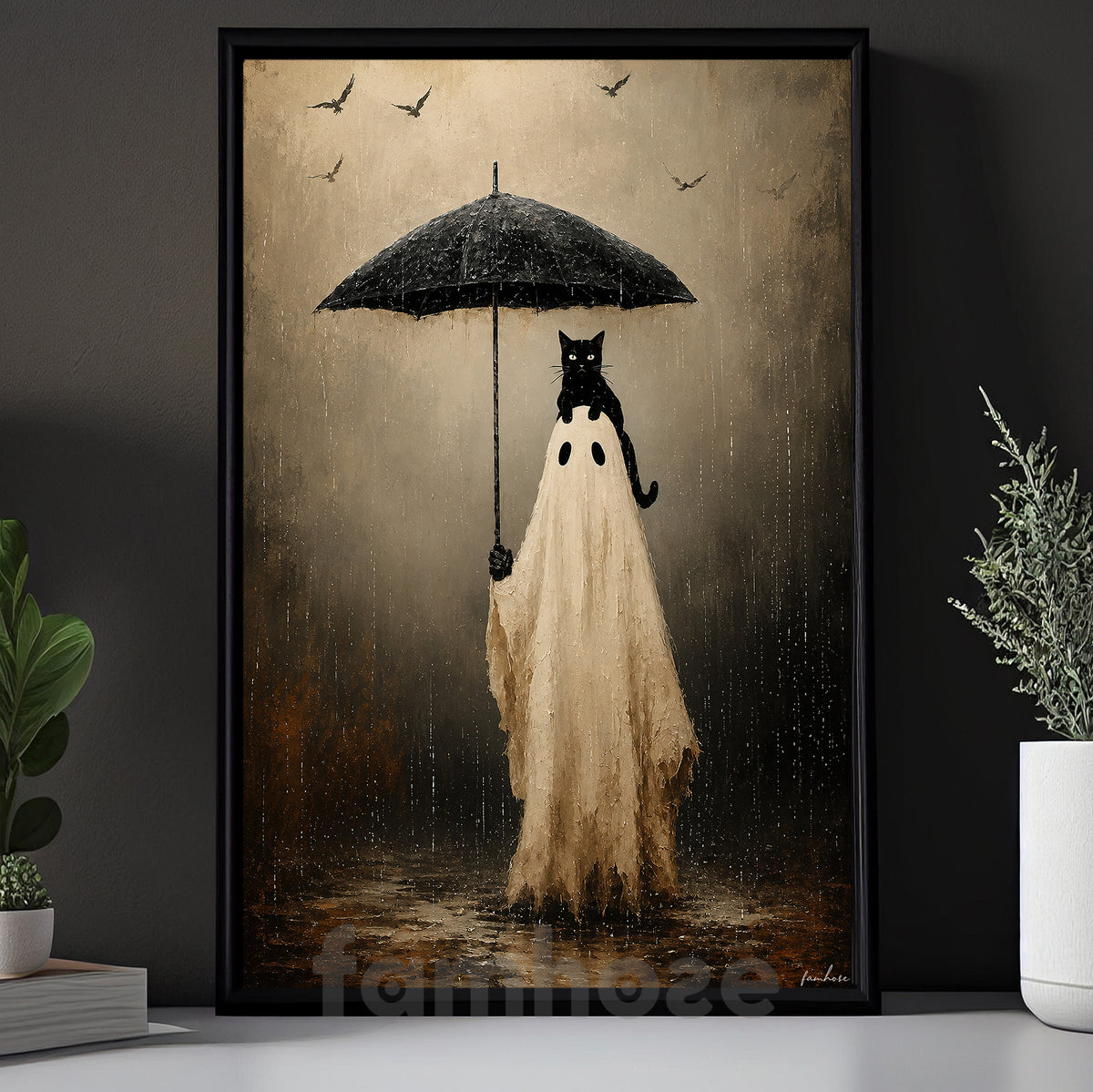 Vintage Halloween Ghost & Black Cat Canvas Painting, In The Rain Wall Art Decor, Spooky Season Poster Gift For Cat & Ghost Lover
