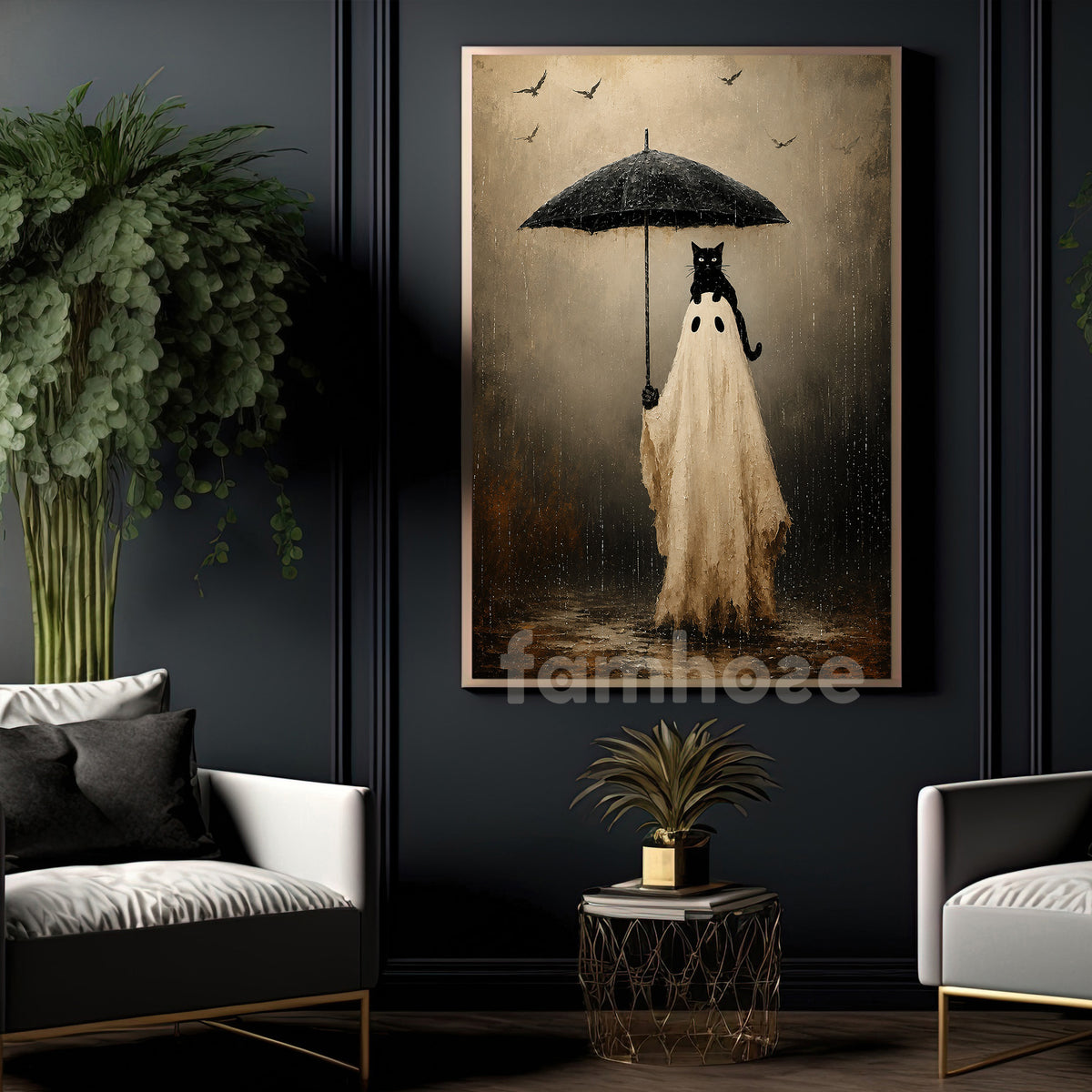 Vintage Halloween Ghost & Black Cat Canvas Painting, In The Rain Wall Art Decor, Spooky Season Poster Gift For Cat & Ghost Lover