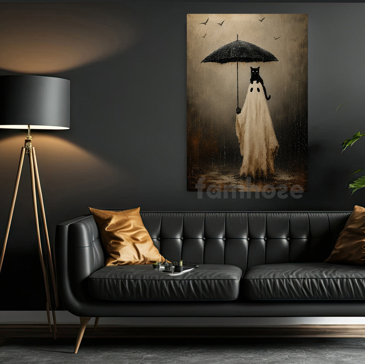 Vintage Halloween Ghost & Black Cat Canvas Painting, In The Rain Wall Art Decor, Spooky Season Poster Gift For Cat & Ghost Lover