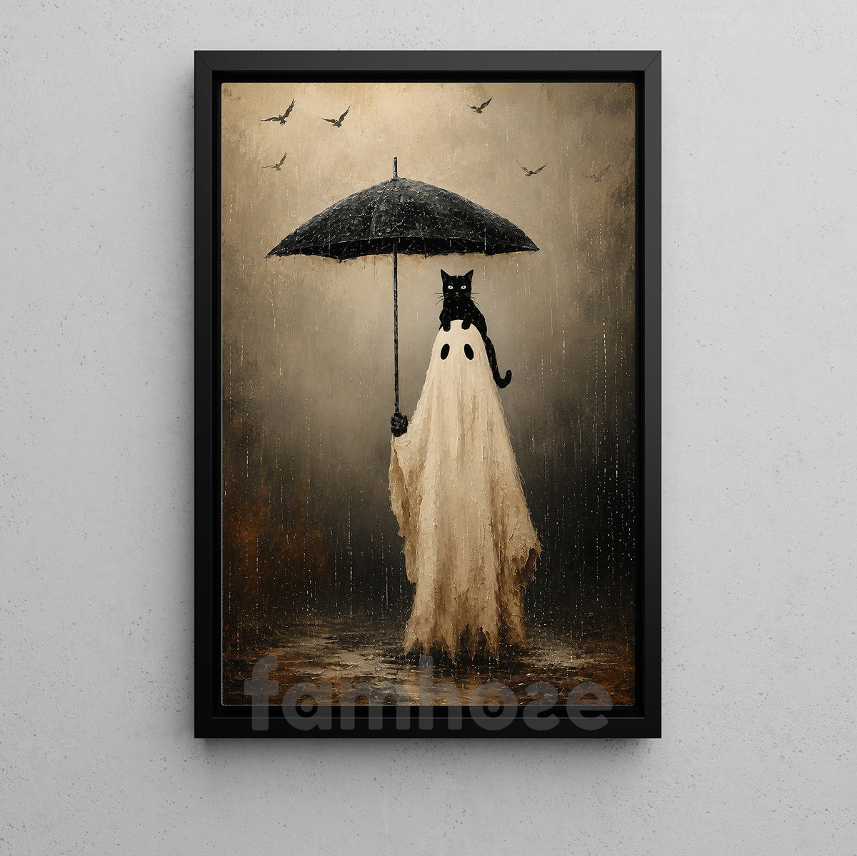 Vintage Halloween Ghost & Black Cat Canvas Painting, In The Rain Wall Art Decor, Spooky Season Poster Gift For Cat & Ghost Lover