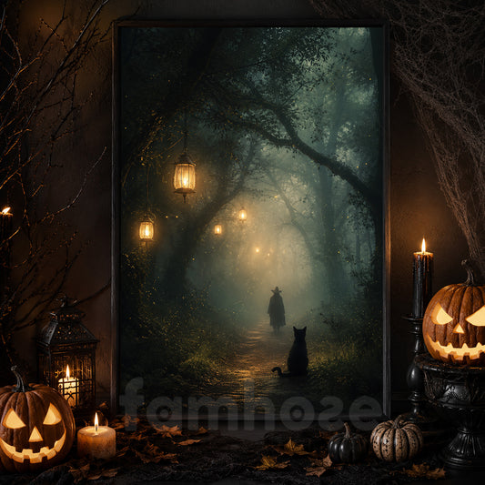 Vintage Halloween Enchanted Lantern Path Canvas Painting, Mysterious Witch And Black Cat Forest Wall Art Decor, Spooky Season Poster Gift For Witch & Cat Lover