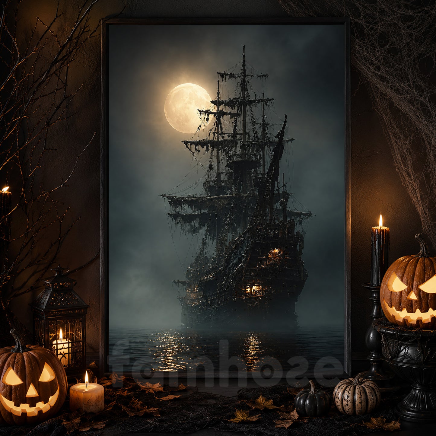 Halloween Haunted Sailing Ship Canvas Painting, Ghost Pirate Ship Under Full Moon Wall Art Decor, Spooky Season Poster Gift For Ghost Lover