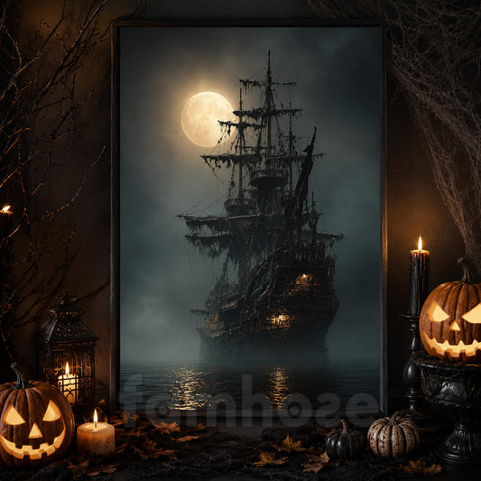 Halloween Haunted Sailing Ship Canvas Painting, Ghost Pirate Ship Under Full Moon Wall Art Decor, Spooky Season Poster Gift For Ghost Lover