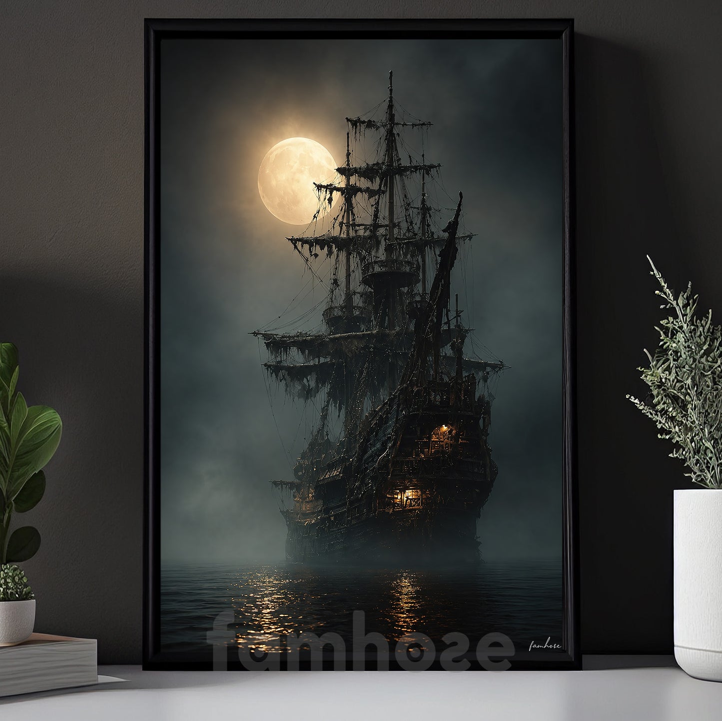Halloween Haunted Sailing Ship Canvas Painting, Ghost Pirate Ship Under Full Moon Wall Art Decor, Spooky Season Poster Gift For Ghost Lover