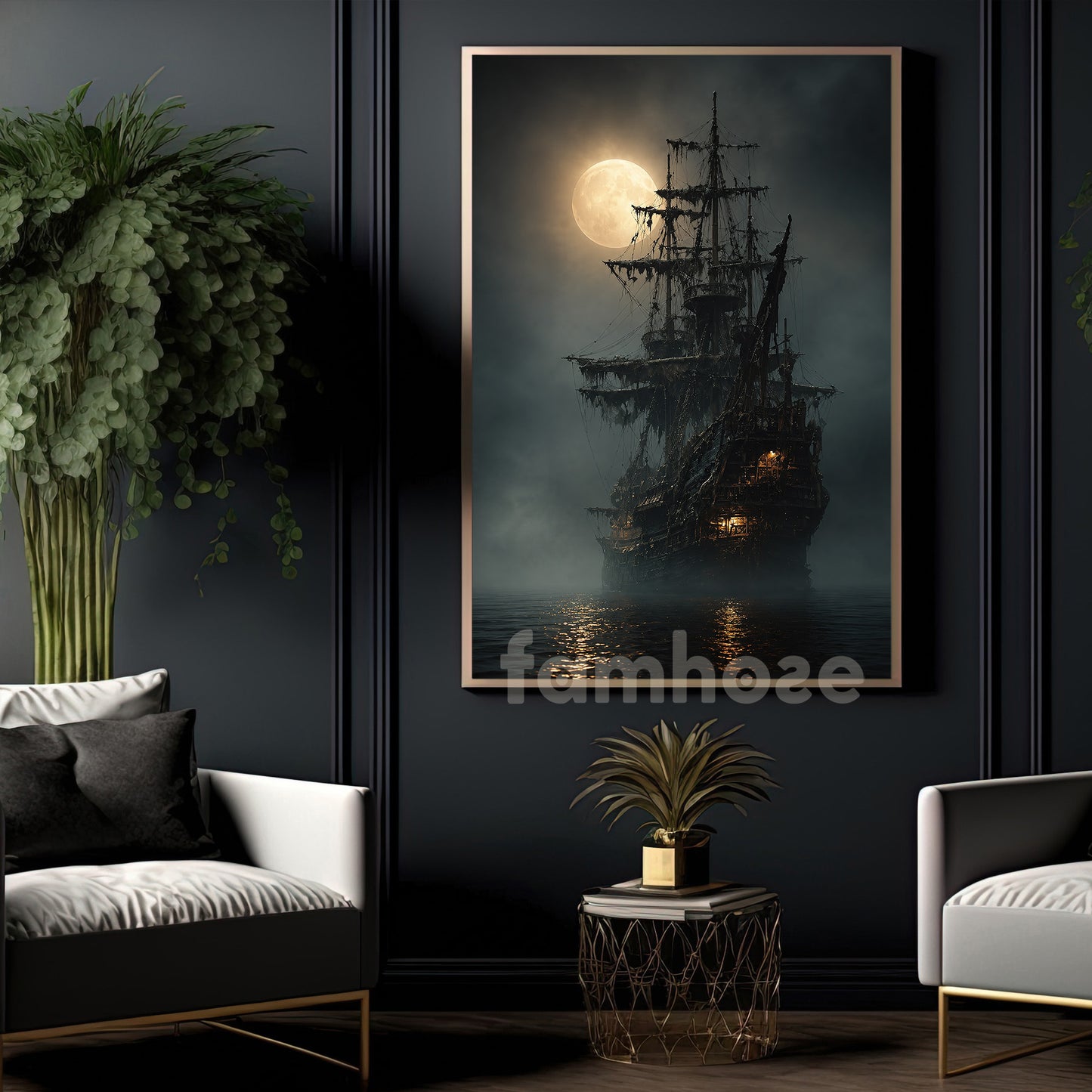Halloween Haunted Sailing Ship Canvas Painting, Ghost Pirate Ship Under Full Moon Wall Art Decor, Spooky Season Poster Gift For Ghost Lover