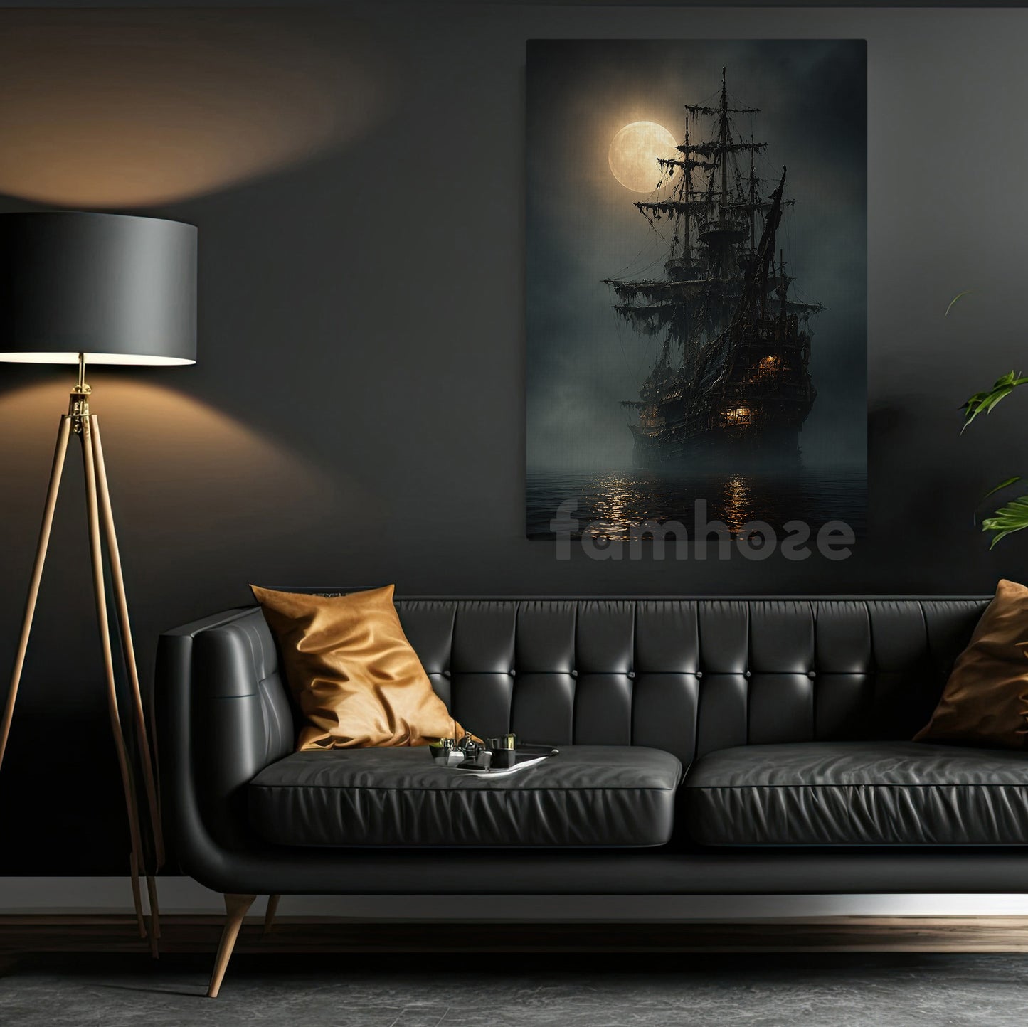 Halloween Haunted Sailing Ship Canvas Painting, Ghost Pirate Ship Under Full Moon Wall Art Decor, Spooky Season Poster Gift For Ghost Lover