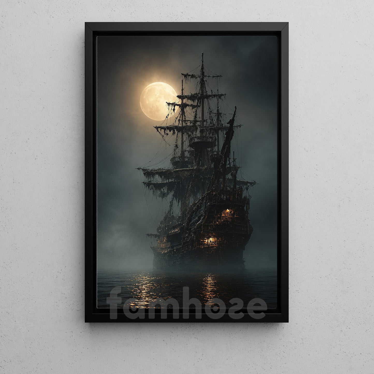 Halloween Haunted Sailing Ship Canvas Painting, Ghost Pirate Ship Under Full Moon Wall Art Decor, Spooky Season Poster Gift For Ghost Lover