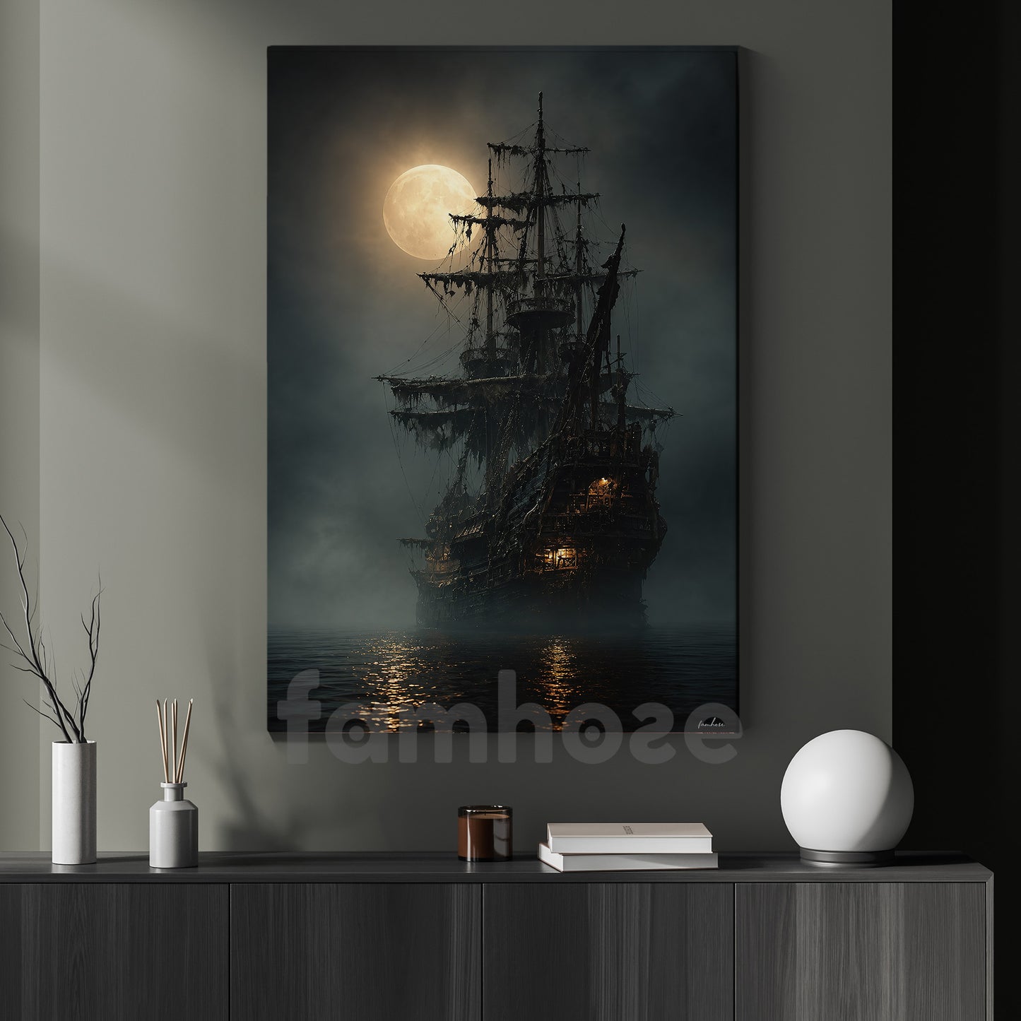 Halloween Haunted Sailing Ship Canvas Painting, Ghost Pirate Ship Under Full Moon Wall Art Decor, Spooky Season Poster Gift For Ghost Lover
