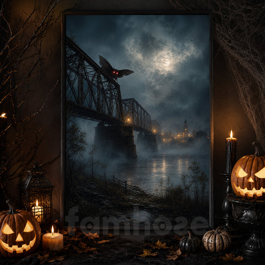 Vintage Halloween Mothman Canvas Painting, Mothman Over Bridge Wall Art Decor, Spooky Season Poster Gift For Mothman Lover