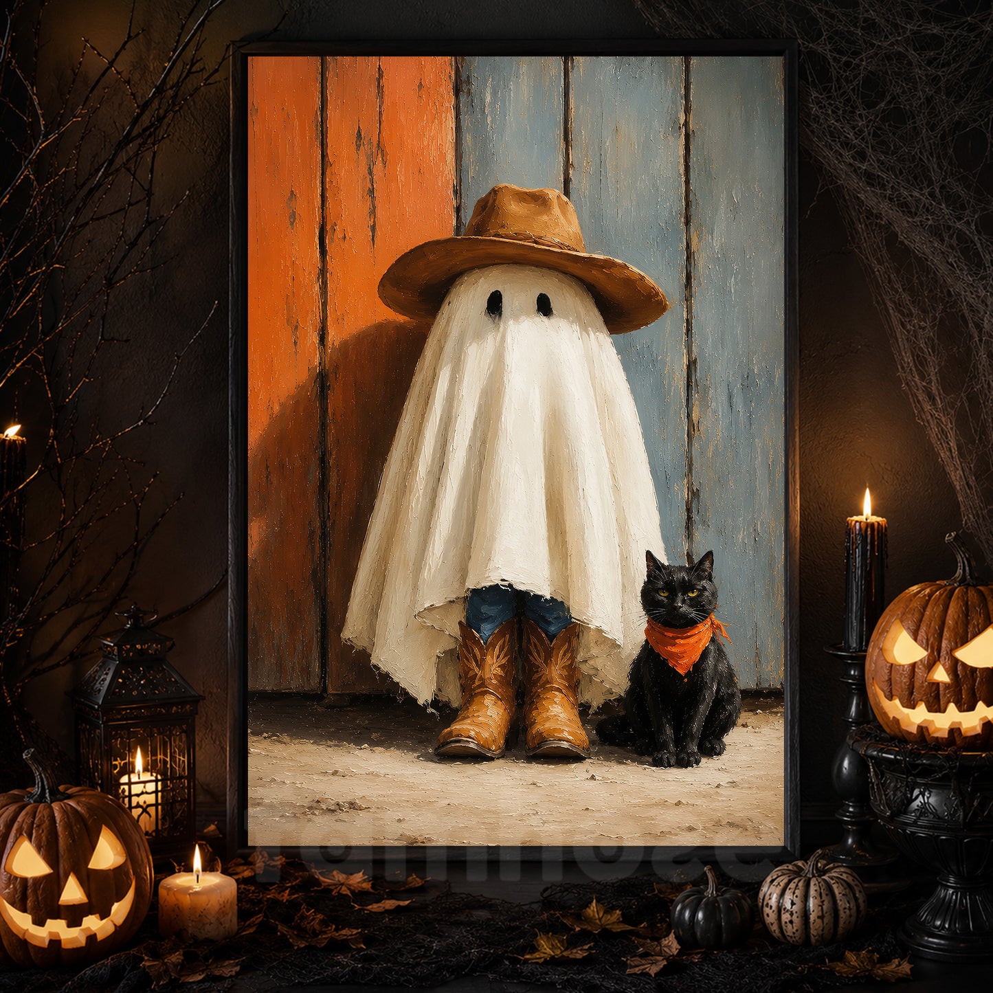 Halloween Cowboy Ghost And Black Cat Canvas Painting, Howdy Boo Wall Art Decor, Spooky Season Poster Gift For Cowboys, Ghost Lover
