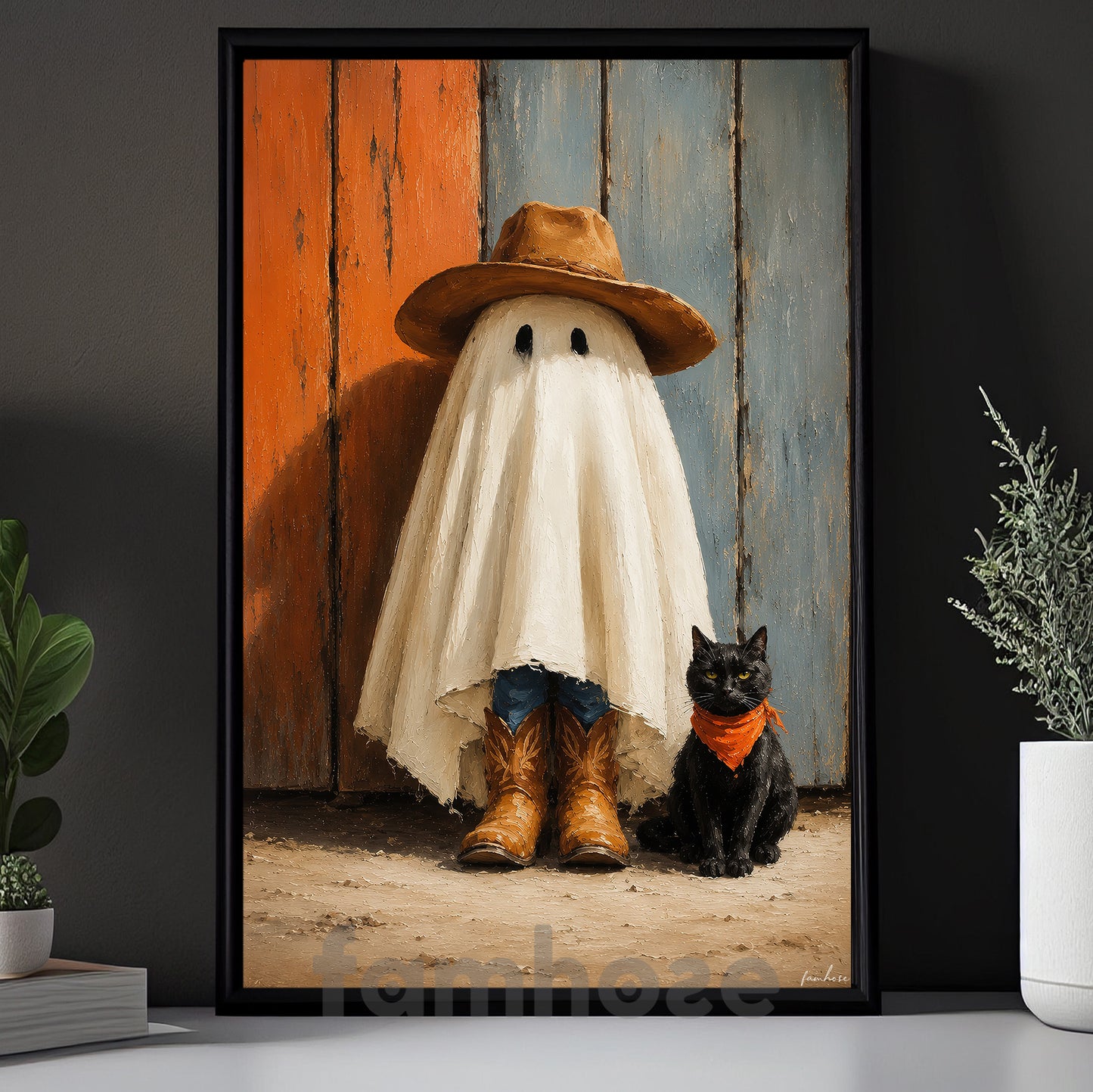 Halloween Cowboy Ghost And Black Cat Canvas Painting, Howdy Boo Wall Art Decor, Spooky Season Poster Gift For Cowboys, Ghost Lover