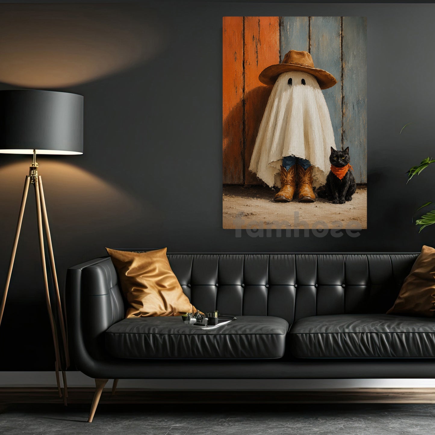 Halloween Cowboy Ghost And Black Cat Canvas Painting, Howdy Boo Wall Art Decor, Spooky Season Poster Gift For Cowboys, Ghost Lover