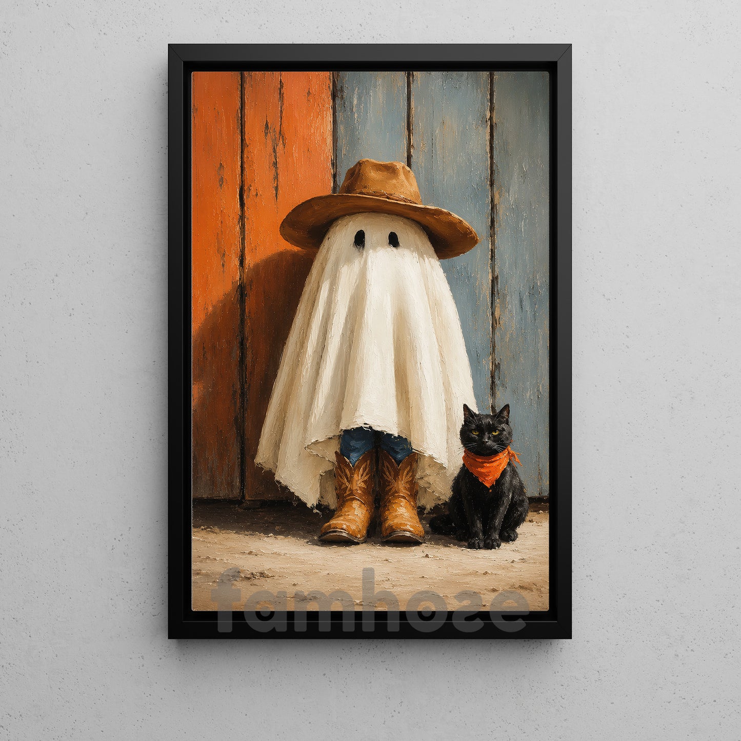 Halloween Cowboy Ghost And Black Cat Canvas Painting, Howdy Boo Wall Art Decor, Spooky Season Poster Gift For Cowboys, Ghost Lover