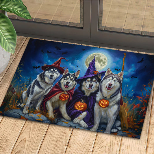 Halloween Husky Dog Doormat, A Spooky Husky Gathering, Doormat For Home Decor Housewarming Gift, Welcome Mat Gift For Dog Lovers