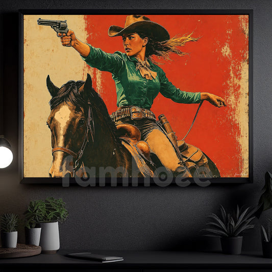 Vintage Wild West Cowgirl Canvas Painting, Horseback Cowgirl Wall Art Decor, Western Rodeo Poster Gift For Cowgirls