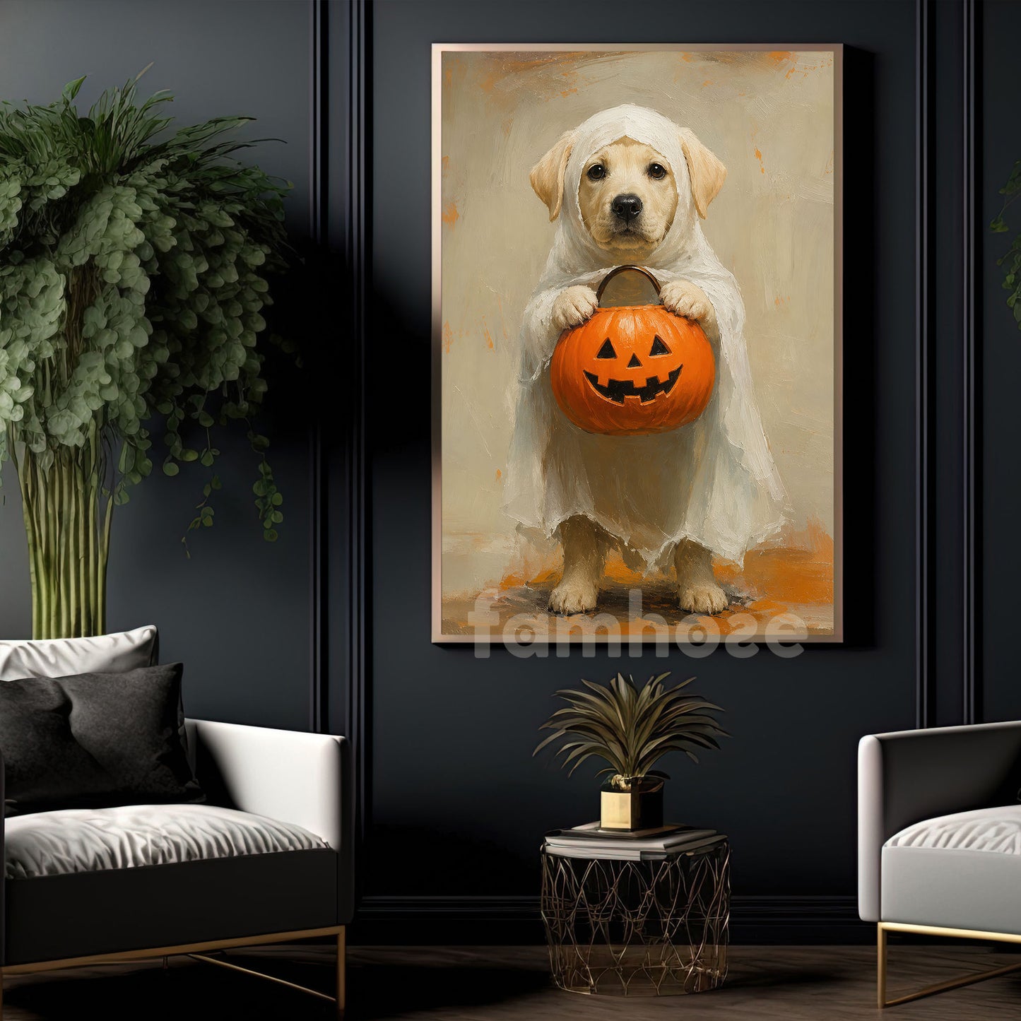 Halloween Baby Labrador Dog Ghost Canvas Painting, Pumpkin Trick Or Treat Wall Art Decor, Spooky Season Poster Gift For Dog Lover