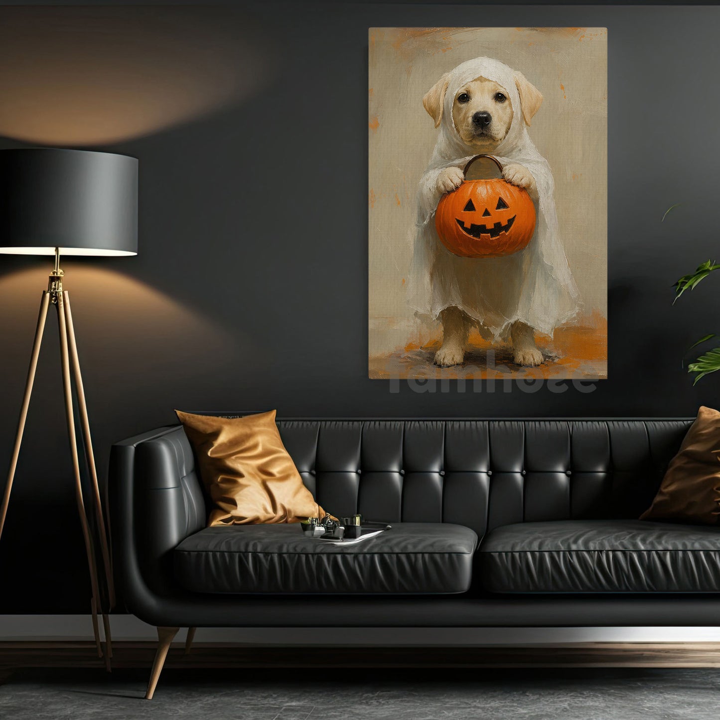 Halloween Baby Labrador Dog Ghost Canvas Painting, Pumpkin Trick Or Treat Wall Art Decor, Spooky Season Poster Gift For Dog Lover