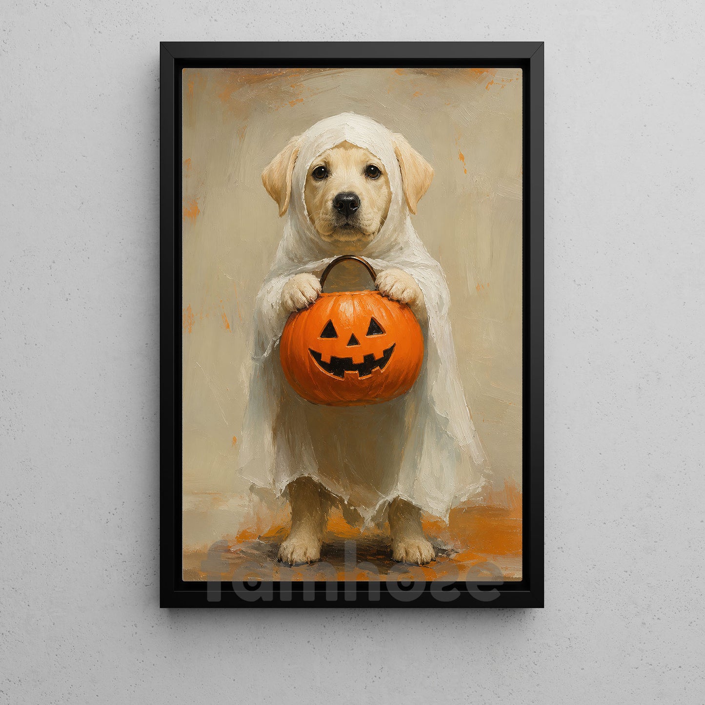 Halloween Baby Labrador Dog Ghost Canvas Painting, Pumpkin Trick Or Treat Wall Art Decor, Spooky Season Poster Gift For Dog Lover