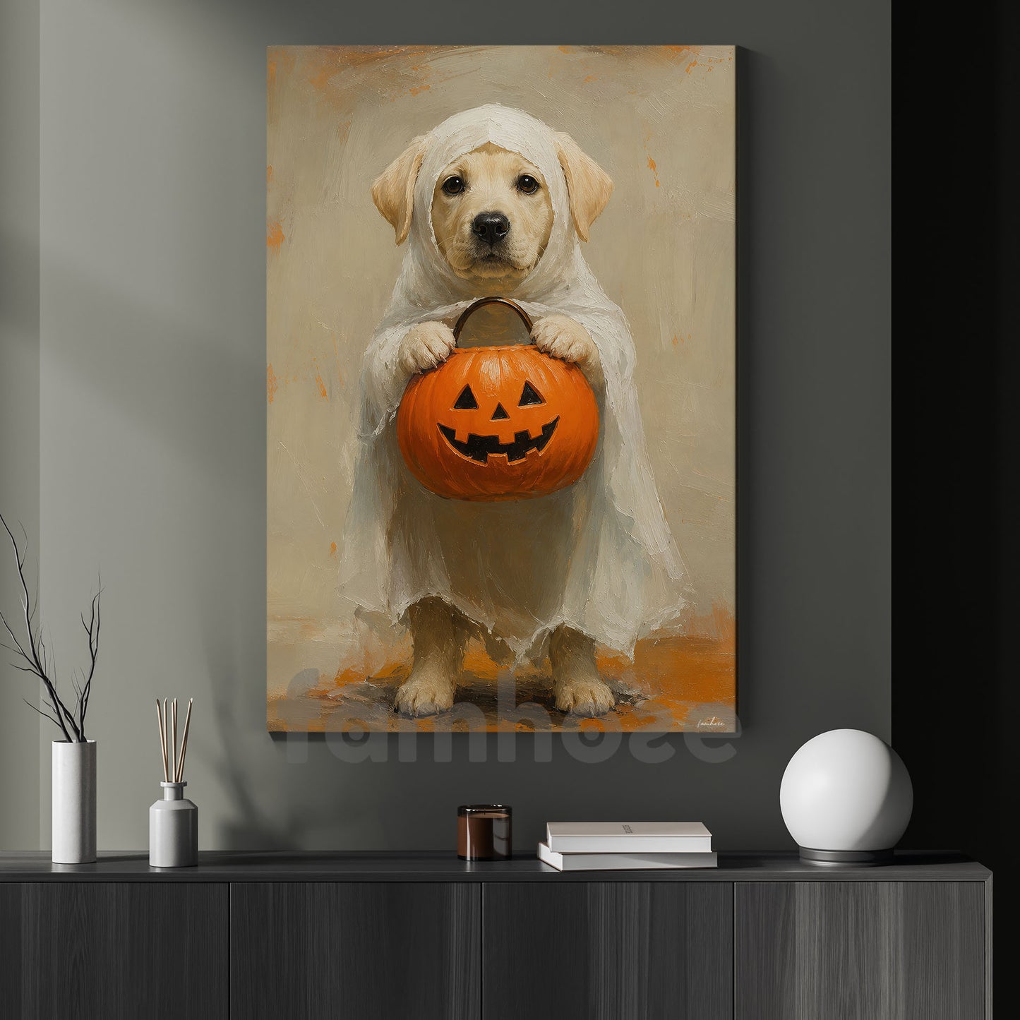Halloween Baby Labrador Dog Ghost Canvas Painting, Pumpkin Trick Or Treat Wall Art Decor, Spooky Season Poster Gift For Dog Lover