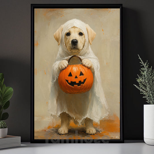 Halloween Baby Labrador Dog Ghost Canvas Painting, Pumpkin Trick Or Treat Wall Art Decor, Spooky Season Poster Gift For Dog Lover